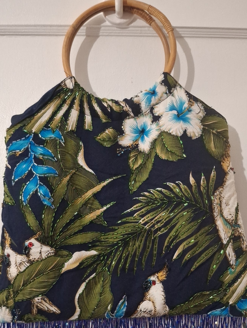 Navy Tropical Hand Bag with Blue & Green Floral Print